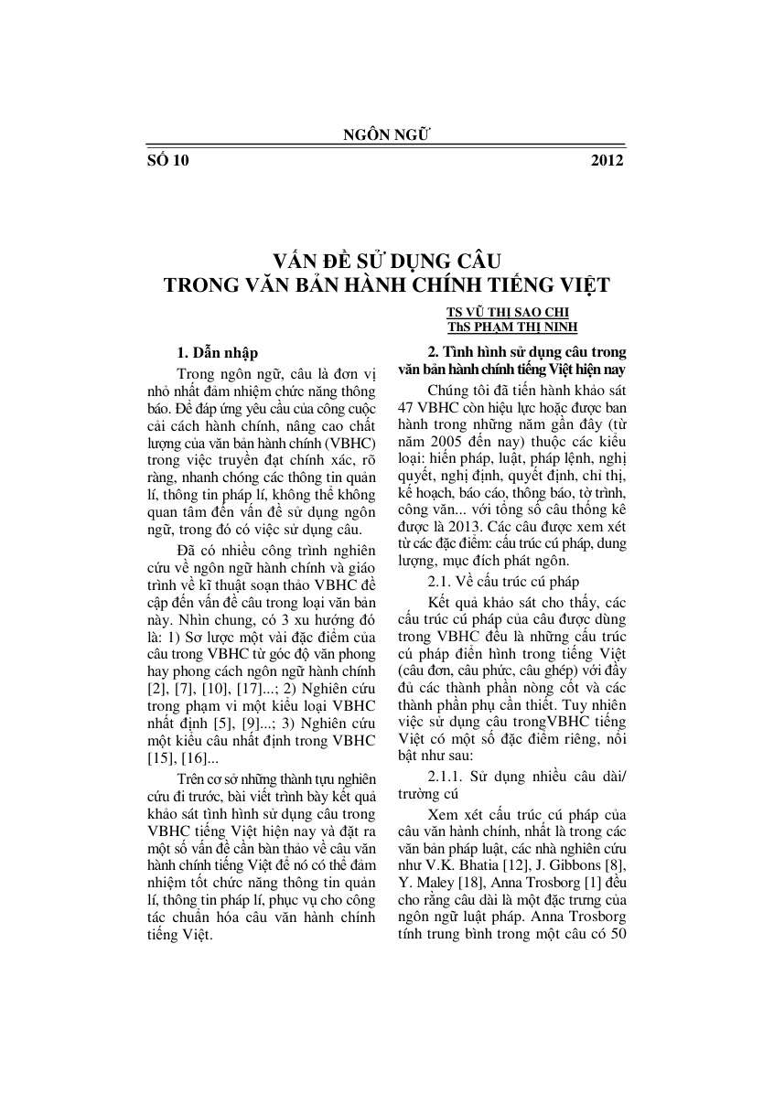 Vấn đề sử dụng câu trong văn bản hành chính tiếng Việt