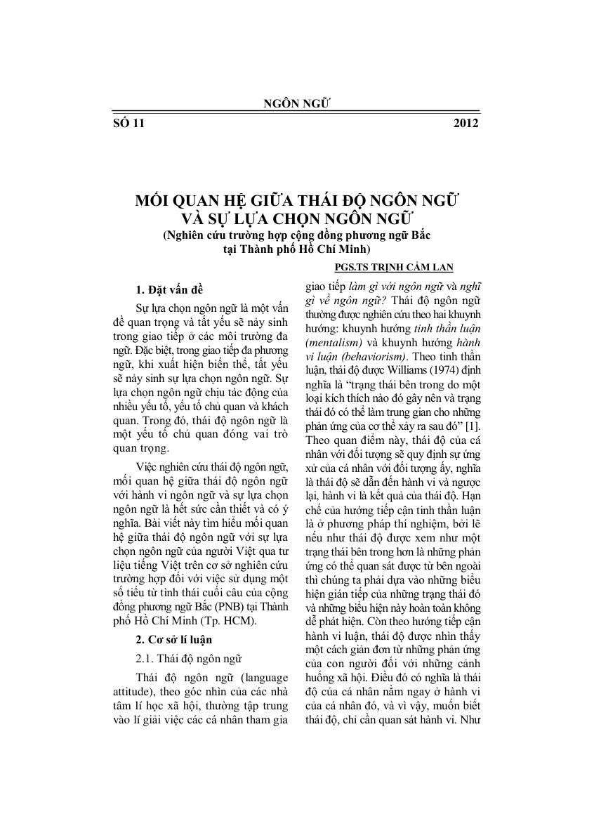 Mối quan hệ giữa thái độ ngôn ngữ và sự lựa chọn ngôn ngữ (Nghiên cứu trường hợp cộng đồng phương ngữ Bắc tại thành phố Hồ Chí Minh)