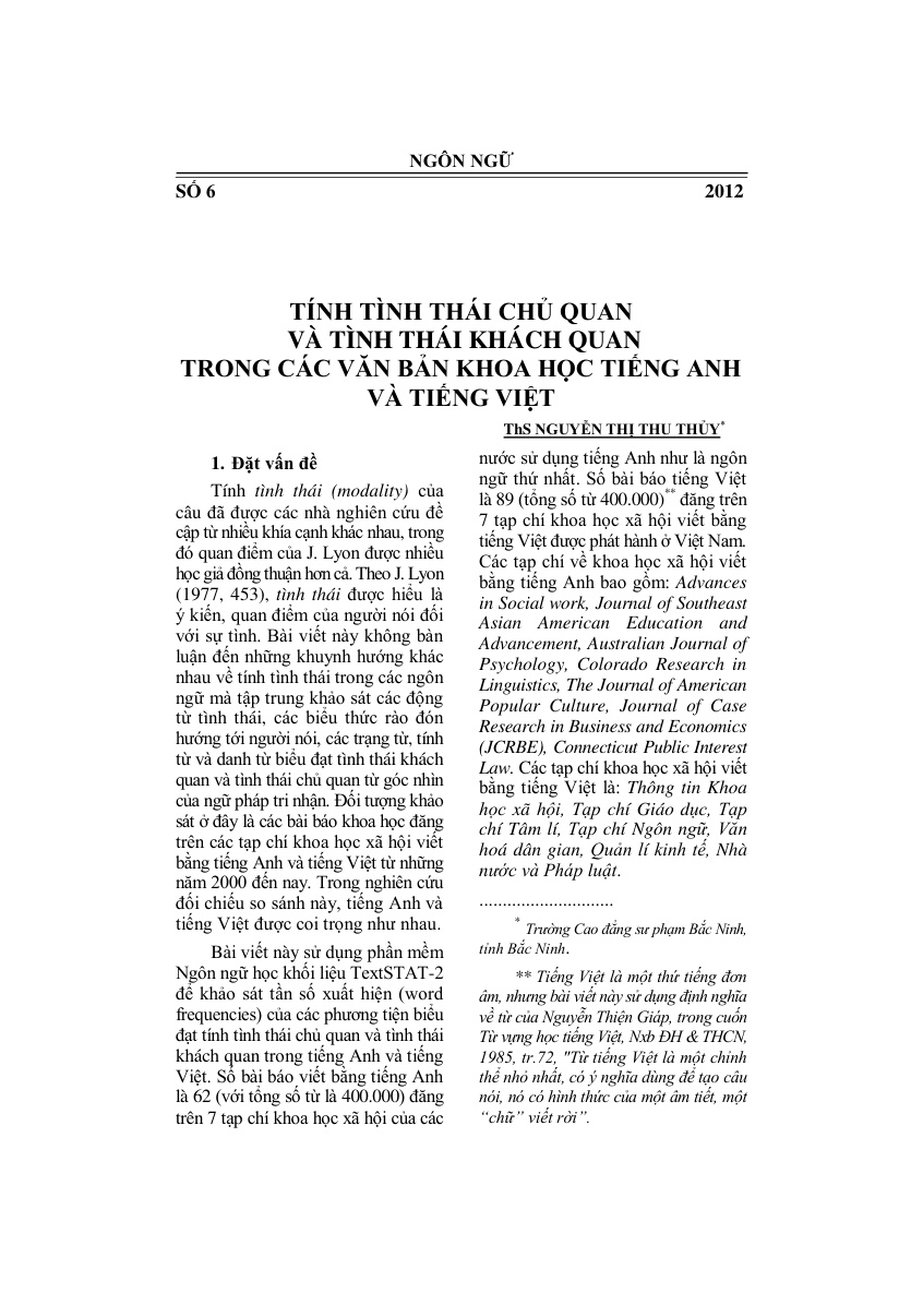Tính tình thái chủ quan và tình thái khách quan trong các văn bản khoa học tiếng Anh và tiếng Việt