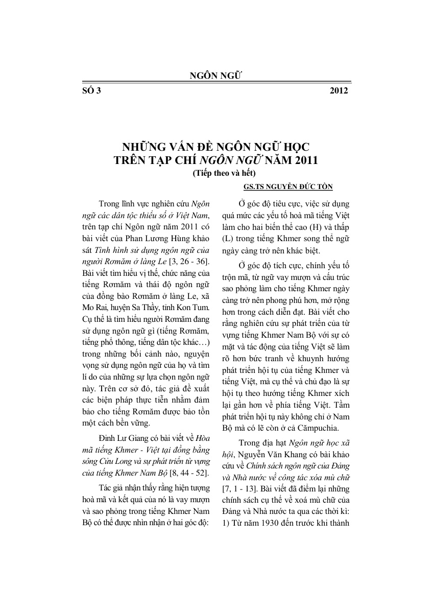 NHỮNG VẤN ĐỀ NGÔN NGỮ HỌC TRÊN TẠP CHÍ NGÔN NGỮ NĂM 2011