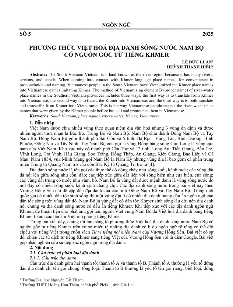 Phương thức Việt hoá địa danh sông nước Nam Bộ có nguồn gốc từ tiếng Khmer