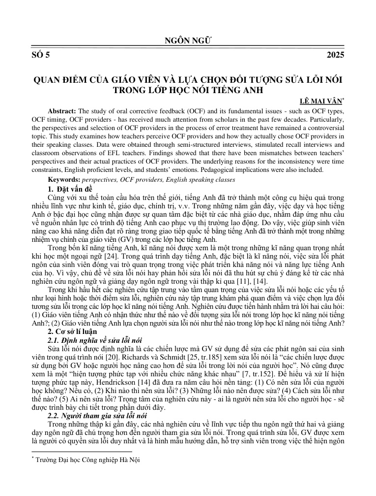 Quan điểm của giáo viên và lựa chọn đối tượng sửa lỗi nói trong lớp học nói tiếng Anh