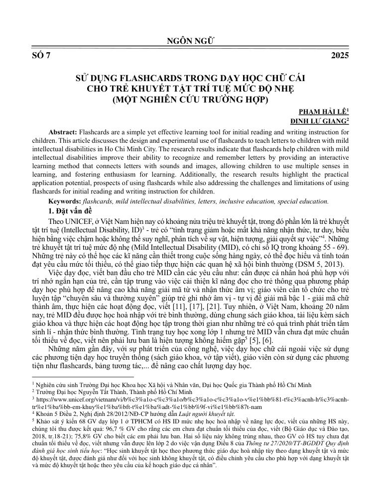 Sử dụng flashcards trong dạy học chữ cái cho trẻ khuyết tật trí tuệ mức độ nhẹ (Một nghiên cứu trường hợp)