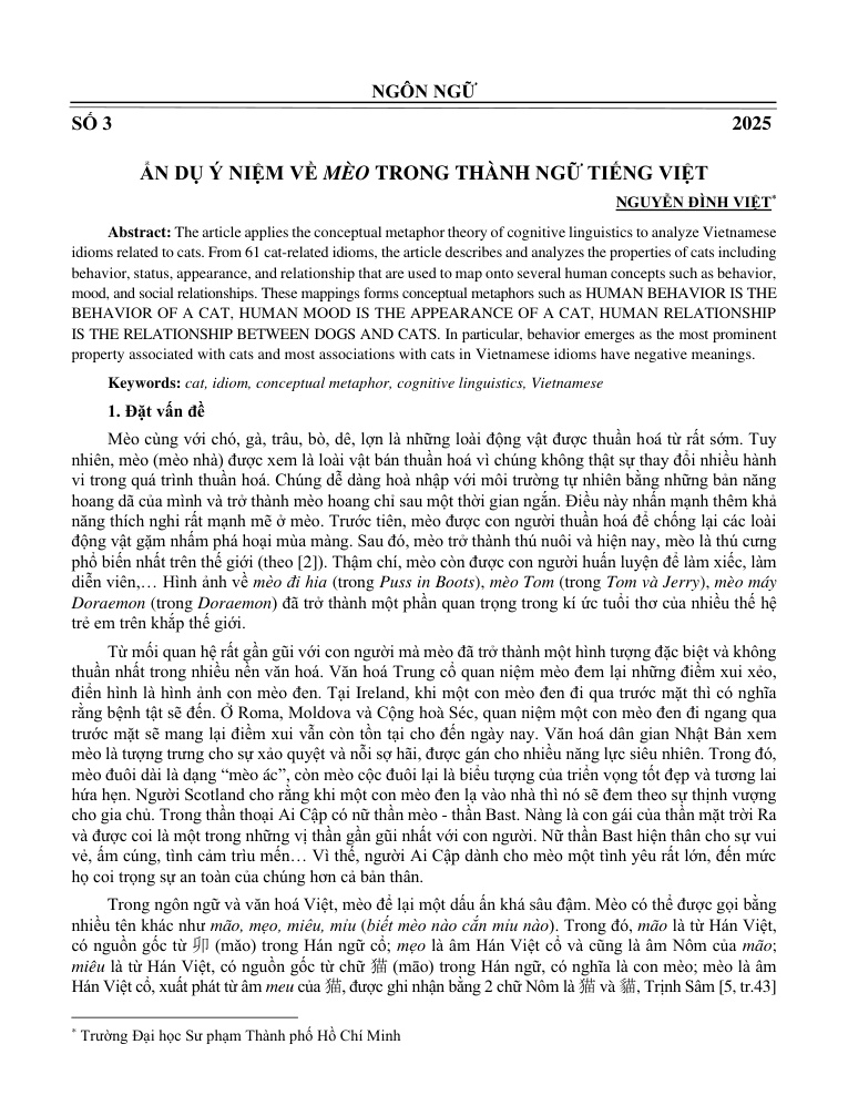 Ẩn dụ ý niệm về mèo trong thành ngữ tiếng Việt