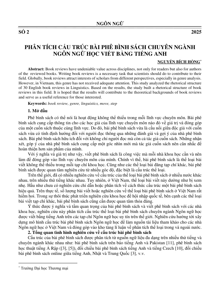 Phân tích cấu trúc bài phê bình sách chuyên ngành ngôn ngữ học viết bằng tiếng Anh