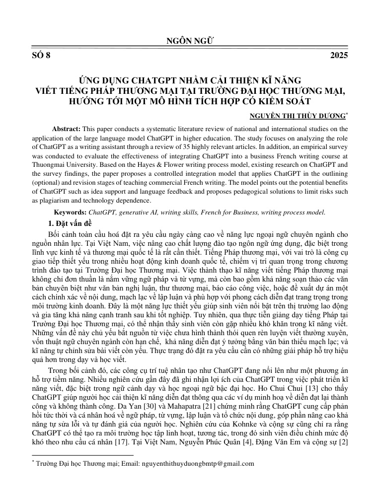 Ứng dụng ChatGPT nhằm cải thiện kĩ năng viết tiếng Pháp thương mại tại Trường Đại học Thương mại, hướng tới một mô hình tích hợp có kiểm soát
