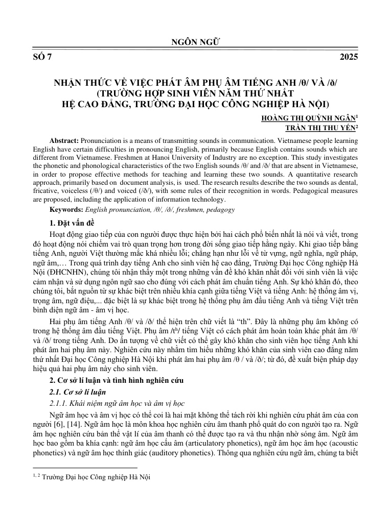 Nhận thức về việc phát âm phụ âm tiếng Anh /θ/ và /ð/ (Trường hợp sinh viên năm thứ nhất hệ cao đẳng, Trường Đại học Công nghiệp Hà Nội)