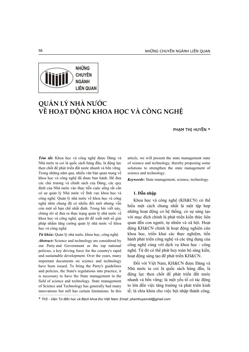 QUẢN LÝ NHÀ NƯỚC  VỀ HOẠT ĐỘNG KHOA HỌC VÀ CÔNG NGHỆ